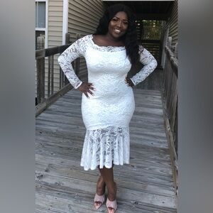 White dress with lace long sleeves and mermaid lace bottom